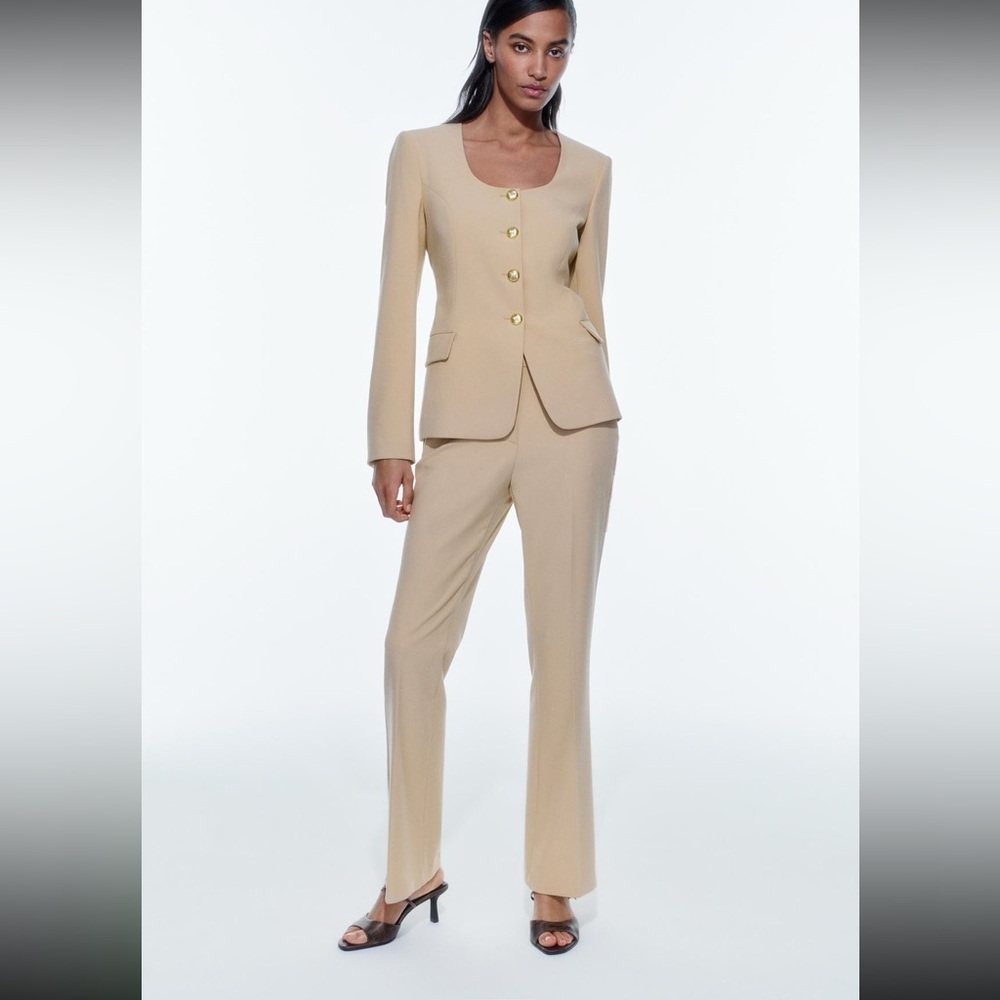 Zara Beige Tailored Pantsuit with Gold Buttons